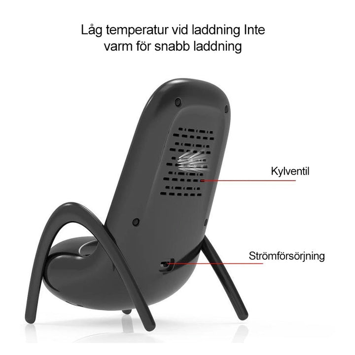 "Stolformad trådlös bärbar laddare, grå, QI-kompatibel, för horisontell och vertikal telefonladdning, med kylfläkt."
