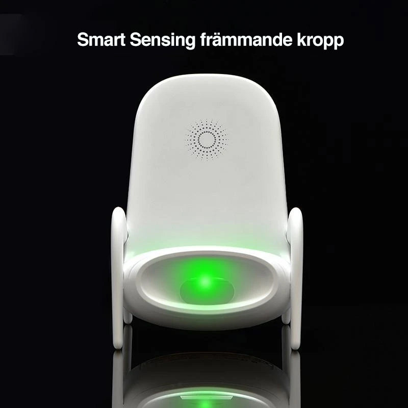 "Stolformad trådlös bärbar laddare, grå, QI-kompatibel, för horisontell och vertikal telefonladdning, med kylfläkt."