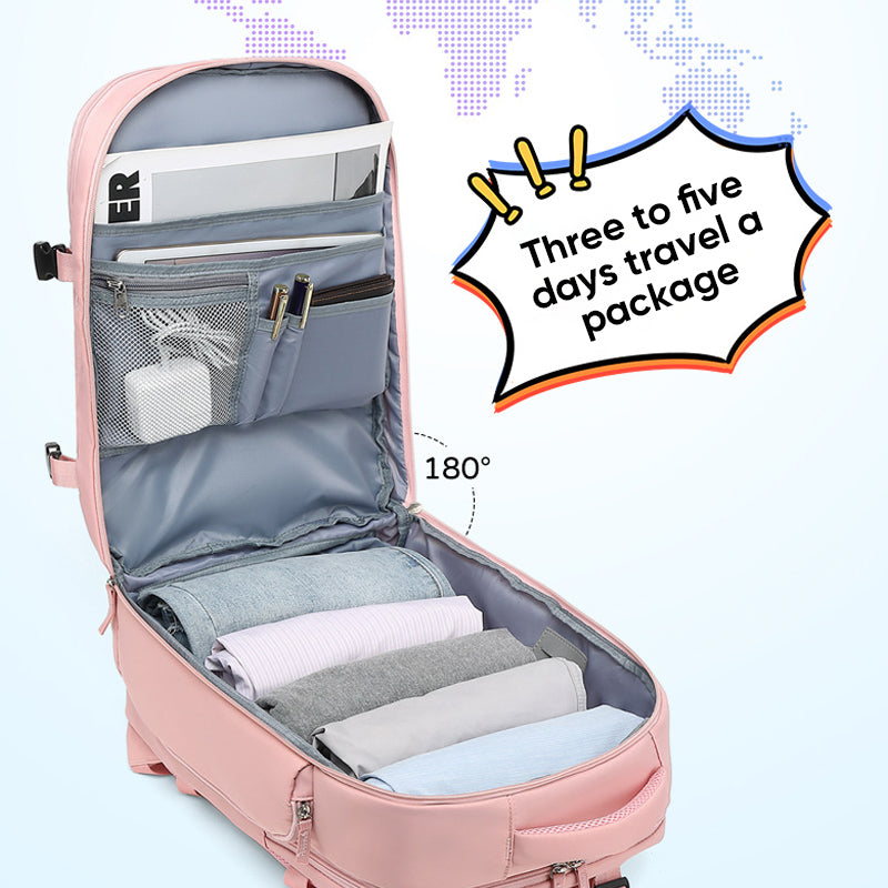 "Stor kvinnlig multifunktionell ryggsäck, vattentät och stilren med gröna, rosa och svarta nyanser, idealisk för resor."