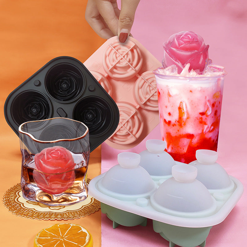 "Stor rosformad silikon isform i svart, grå, rosa, grön för kök, idealisk för kalla drycker som whisky och cocktails."