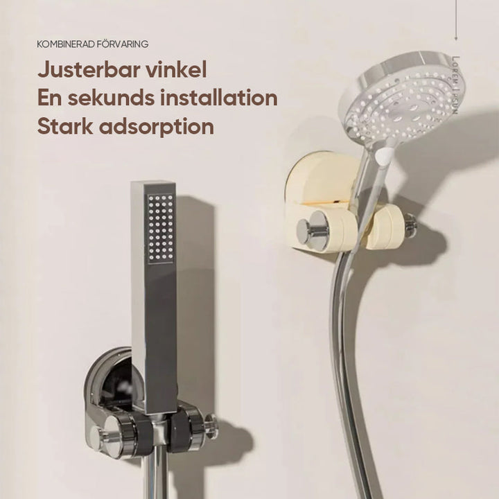 "Sugkopp duschtillbehör i silver och transparent ABS-material, justerbar krok för duschmunstycke, stilren badrumsdesign."