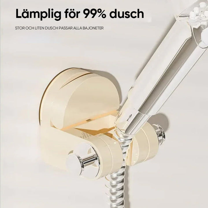 "Sugkopp duschtillbehör i silver och transparent ABS-material, justerbar krok för duschmunstycke, stilren badrumsdesign."