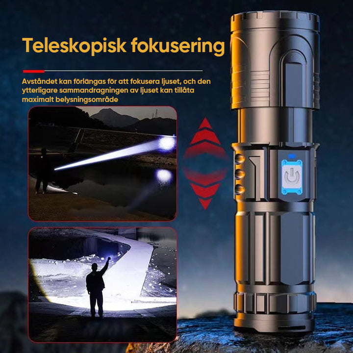 Super stark ficklampa med zoom, vattentät och 3000 lumen. Kompakt design, grå färg, perfekt för utomhusäventyr.