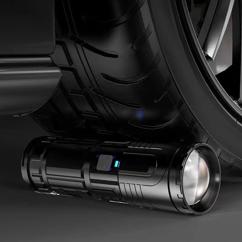 Super stark ficklampa med zoom, vattentät och 3000 lumen. Kompakt design, grå färg, perfekt för utomhusäventyr.