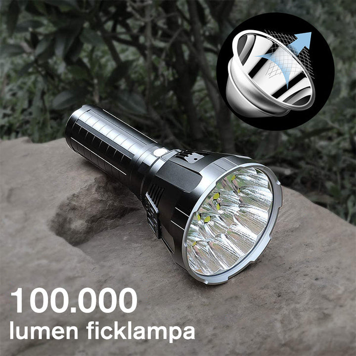 "Superlysstark ficklampa med Cree XHP70 dioder, slitstarkt aluminiumhölje, idealisk för utomhusaktiviteter."