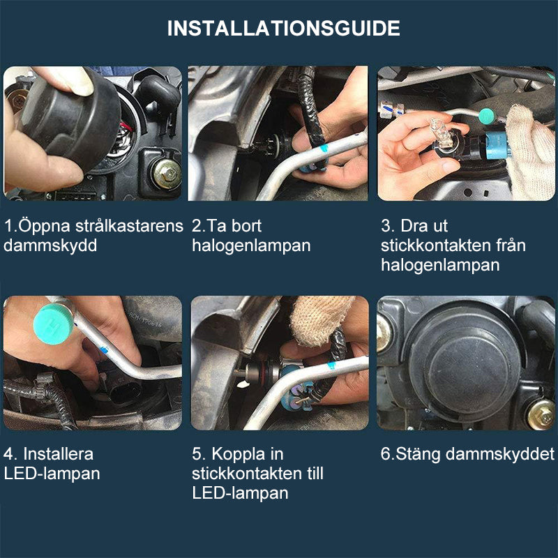 "Superstarka LED-bilstrålkastare med vitt ljus, lätt att installera, IP68 vattentät, för överlägsen synlighet och säkerhet."