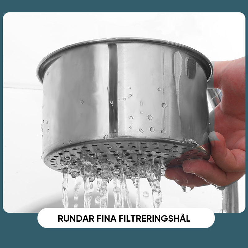 "Svanformad svänksil i rostfritt stål för kök, elegant design, effektiva hål för filtrering och enkel rengöring."