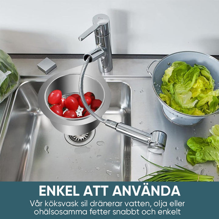 "Svanformad svänksil i rostfritt stål för kök, elegant design, effektiva hål för filtrering och enkel rengöring."