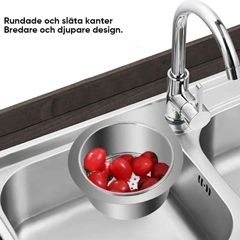 "Svanformad svänksil i rostfritt stål för kök, elegant design, effektiva hål för filtrering och enkel rengöring."