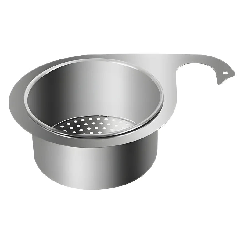 "Svanformad svänksil i rostfritt stål för kök, elegant design, effektiva hål för filtrering och enkel rengöring."