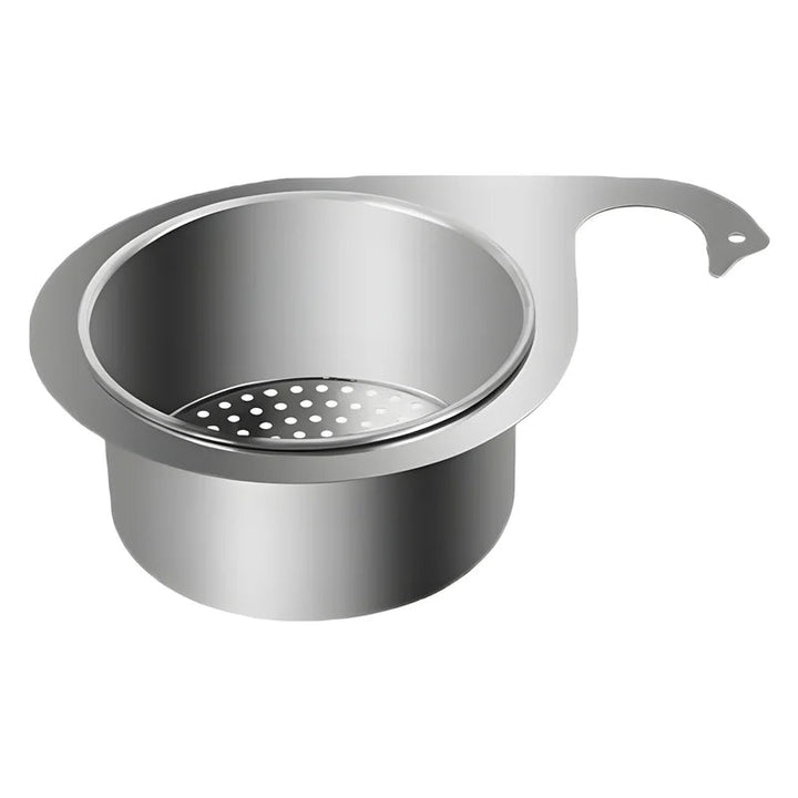 "Svanformad svänksil i rostfritt stål för kök, elegant design, effektiva hål för filtrering och enkel rengöring."