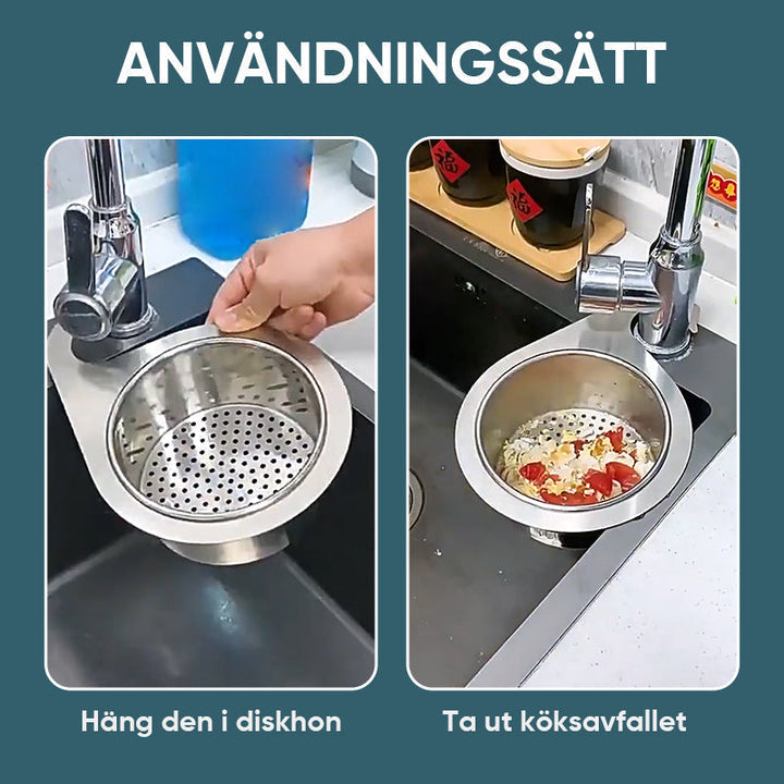 "Svanformad svänksil i rostfritt stål för kök, elegant design, effektiva hål för filtrering och enkel rengöring."