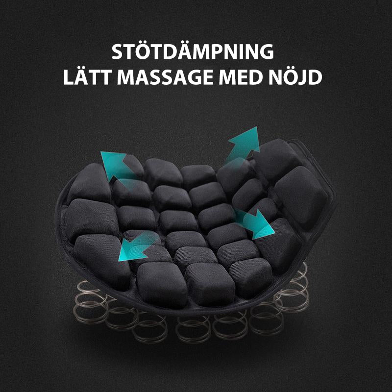 "Svart 3D-motorcykelsittdyna med ventilerande design, halkfri botten och elastiska remmar för maximal bekvämlighet och stabil