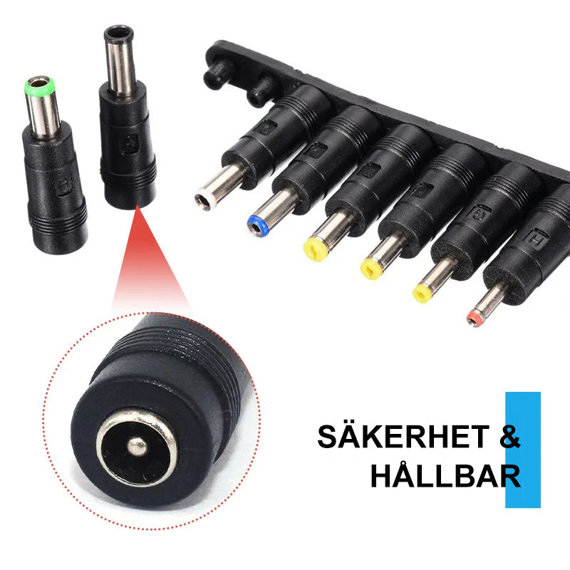 "Svart 8-i-1 bärbar likströmsadapter med universella kontakter, kompakt design för flexibel användning hemma och på resa."