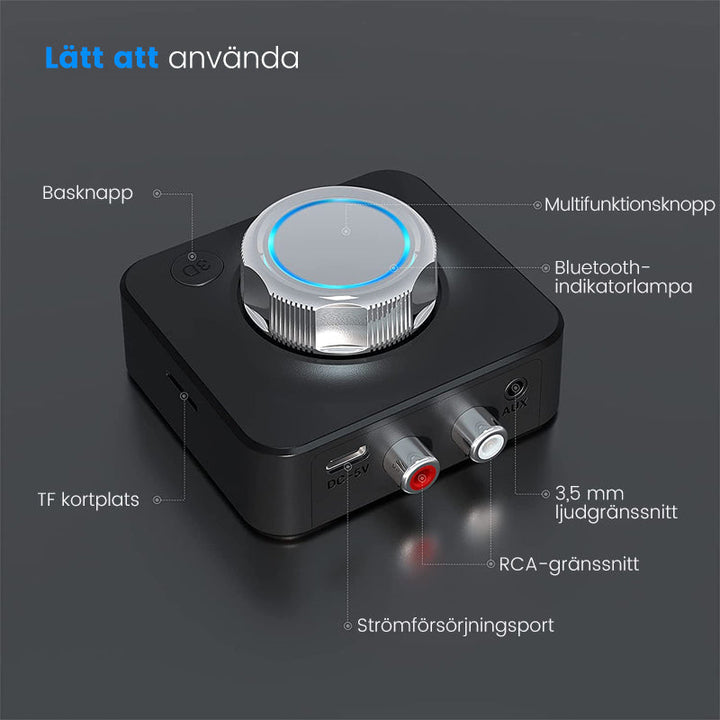 "Svart Bluetooth 5.0 RCA mottagare med AUX, kompakt design och tydliga volymkontroller samt microSD-kortläsare"