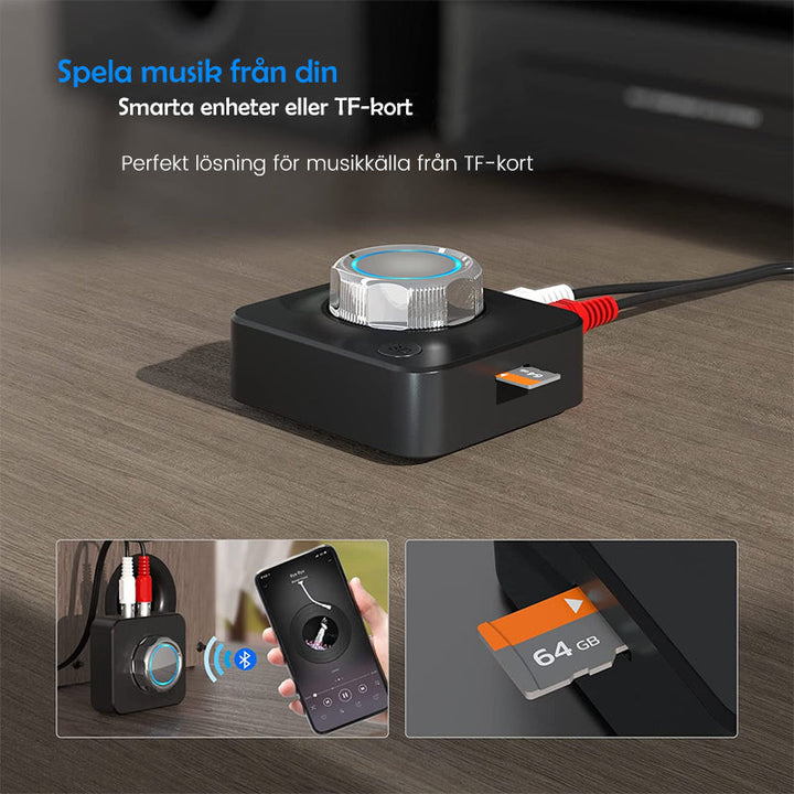 "Svart Bluetooth 5.0 RCA mottagare med AUX, kompakt design och tydliga volymkontroller samt microSD-kortläsare"