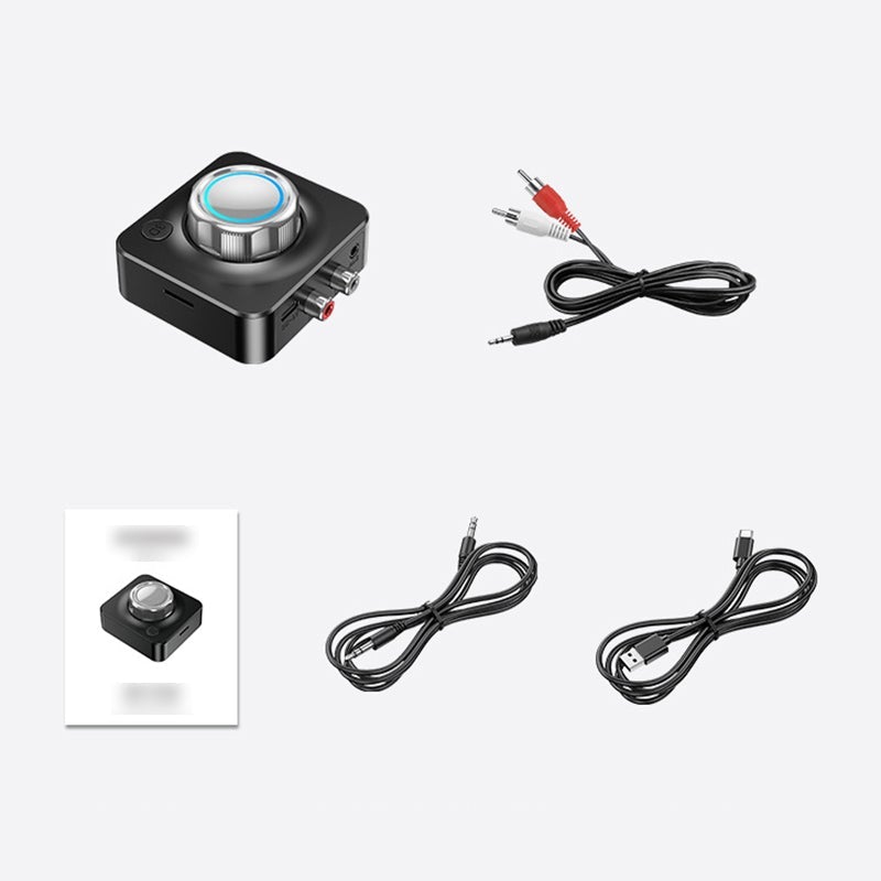 "Svart Bluetooth 5.0 RCA mottagare med AUX, kompakt design och tydliga volymkontroller samt microSD-kortläsare"