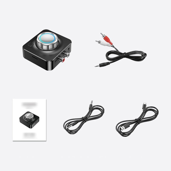 "Svart Bluetooth 5.0 RCA mottagare med AUX, kompakt design och tydliga volymkontroller samt microSD-kortläsare"