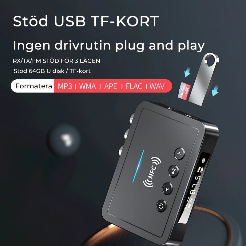 "Svart Bluetooth 5.0 sändare och mottagare, elegant design, kompakt med olika portar för flexibel anslutning."