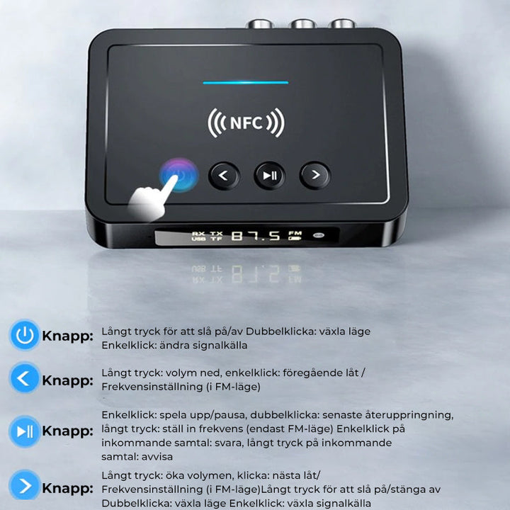 "Svart Bluetooth 5.0 sändare och mottagare, elegant design, kompakt med olika portar för flexibel anslutning."