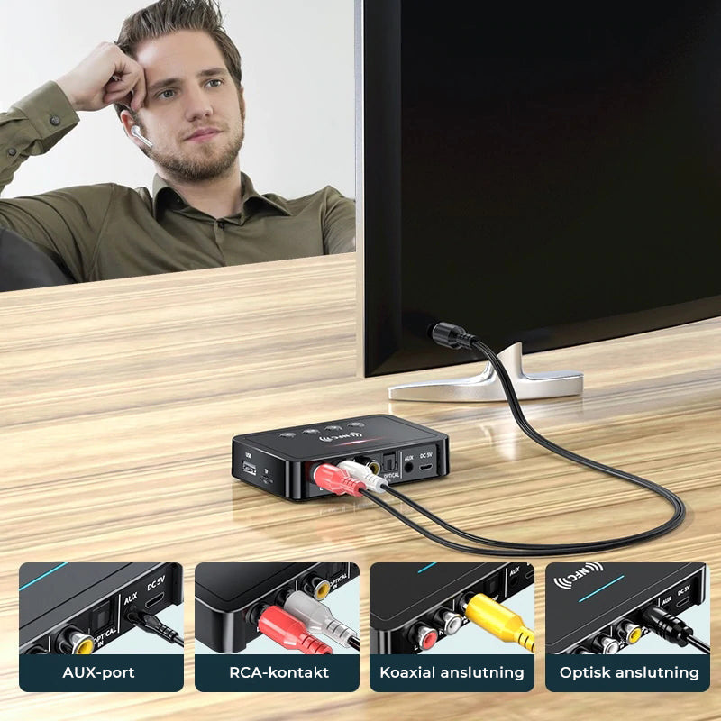 "Svart Bluetooth 5.0 sändare och mottagare, elegant design, kompakt med olika portar för flexibel anslutning."