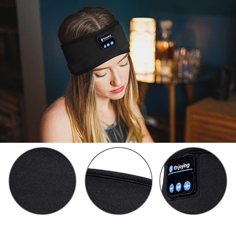 "Svart Bluetooth sportpannband med inbyggd mikrofon, trådlös teknik och flexibel passform för träning och avkoppling."