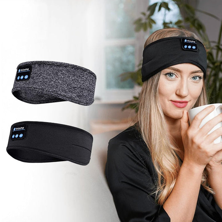 "Svart Bluetooth sportpannband med inbyggd mikrofon, trådlös teknik och flexibel passform för träning och avkoppling."