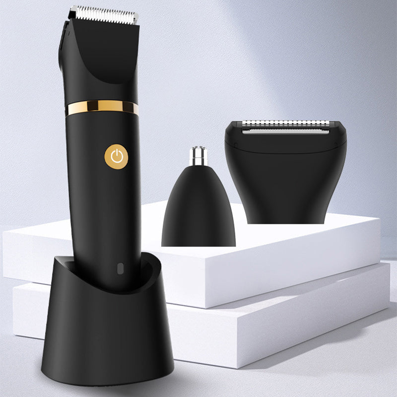 "Svart elektrisk kroppshårstrimmer för män med 3-i-1-design, keramiska blad och olika kammar för precis grooming."