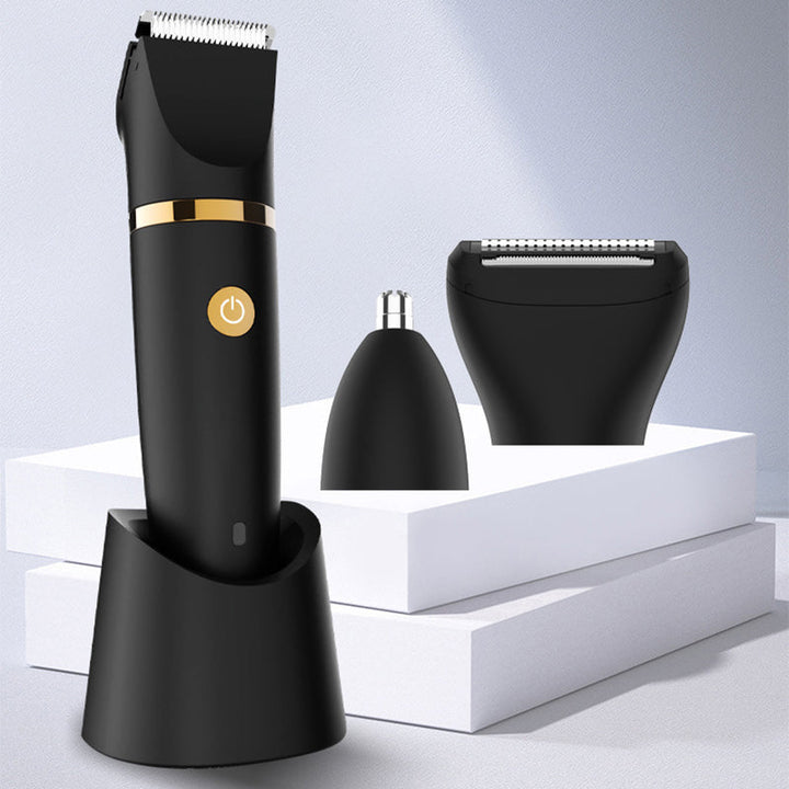 "Svart elektrisk kroppshårstrimmer för män med 3-i-1-design, keramiska blad och olika kammar för precis grooming."