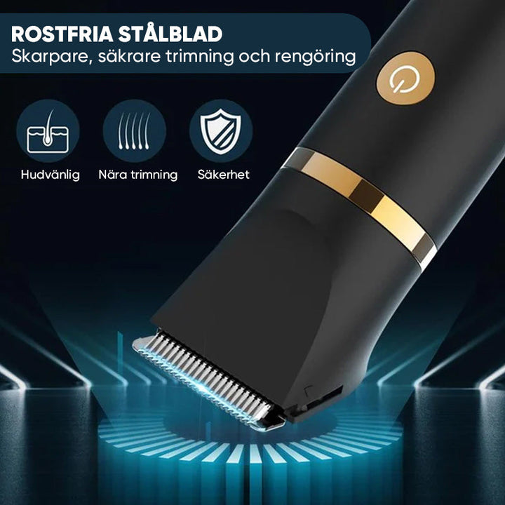 "Svart elektrisk kroppshårstrimmer för män med 3-i-1-design, keramiska blad och olika kammar för precis grooming."