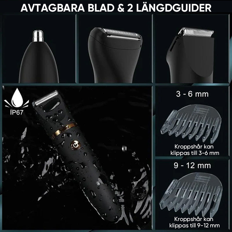 "Svart elektrisk kroppshårstrimmer för män med 3-i-1-design, keramiska blad och olika kammar för precis grooming."