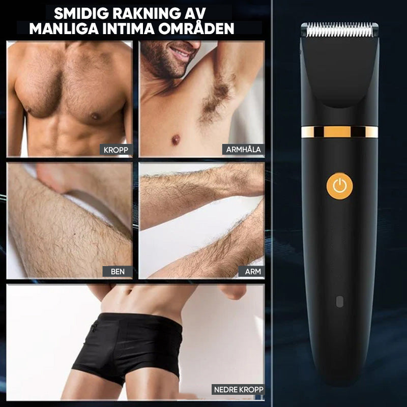 "Svart elektrisk kroppshårstrimmer för män med 3-i-1-design, keramiska blad och olika kammar för precis grooming."
