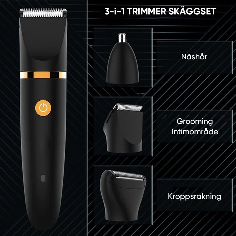 "Svart elektrisk kroppshårstrimmer för män med 3-i-1-design, keramiska blad och olika kammar för precis grooming."