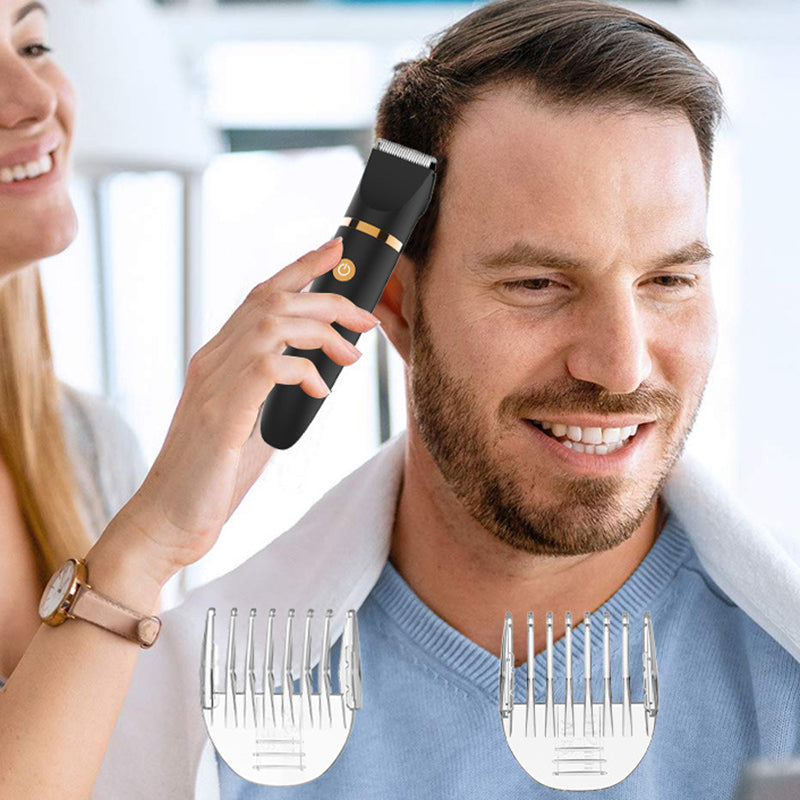 "Svart elektrisk kroppshårstrimmer för män med 3-i-1-design, keramiska blad och olika kammar för precis grooming."