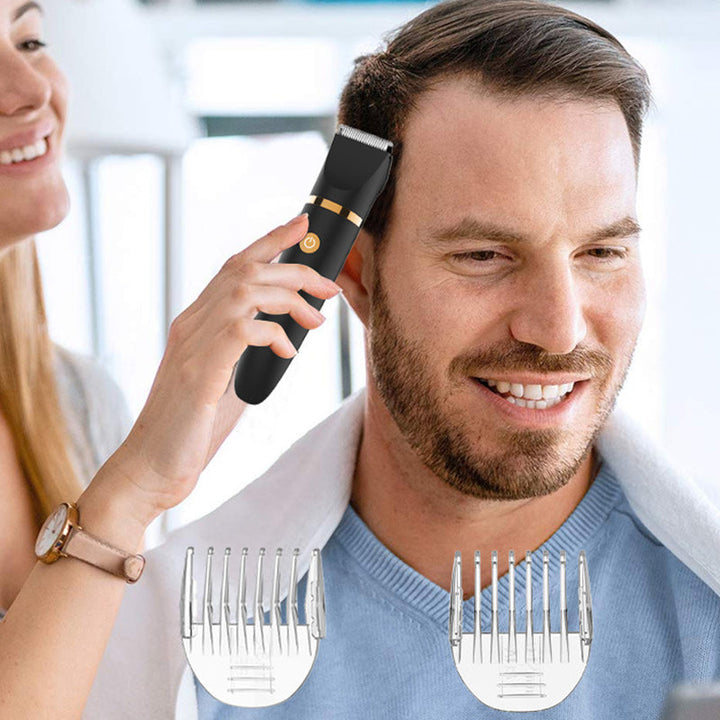 "Svart elektrisk kroppshårstrimmer för män med 3-i-1-design, keramiska blad och olika kammar för precis grooming."