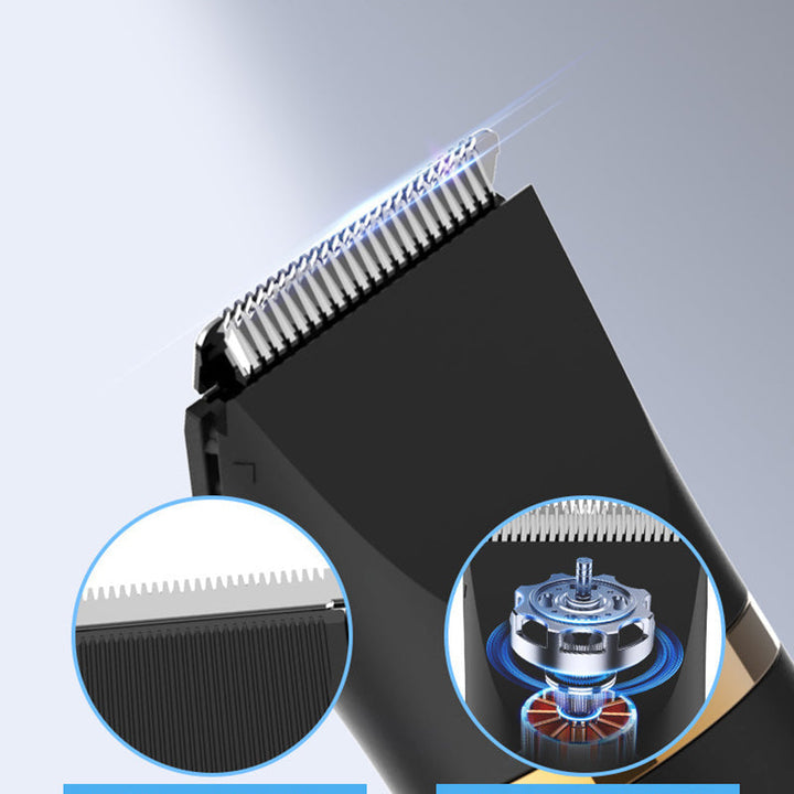 "Svart elektrisk kroppshårstrimmer för män med 3-i-1-design, keramiska blad och olika kammar för precis grooming."