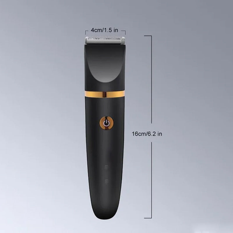 "Svart elektrisk kroppshårstrimmer för män med 3-i-1-design, keramiska blad och olika kammar för precis grooming."