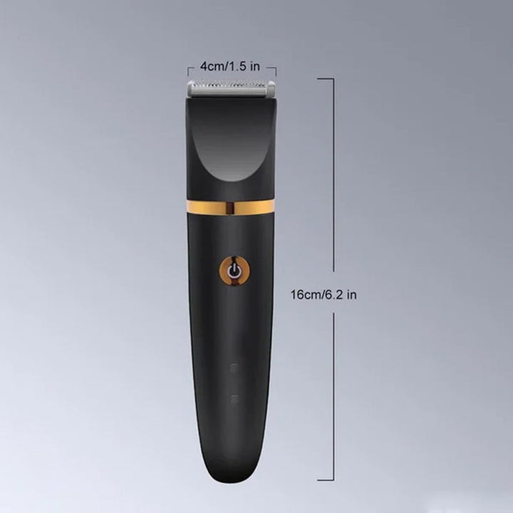 "Svart elektrisk kroppshårstrimmer för män med 3-i-1-design, keramiska blad och olika kammar för precis grooming."