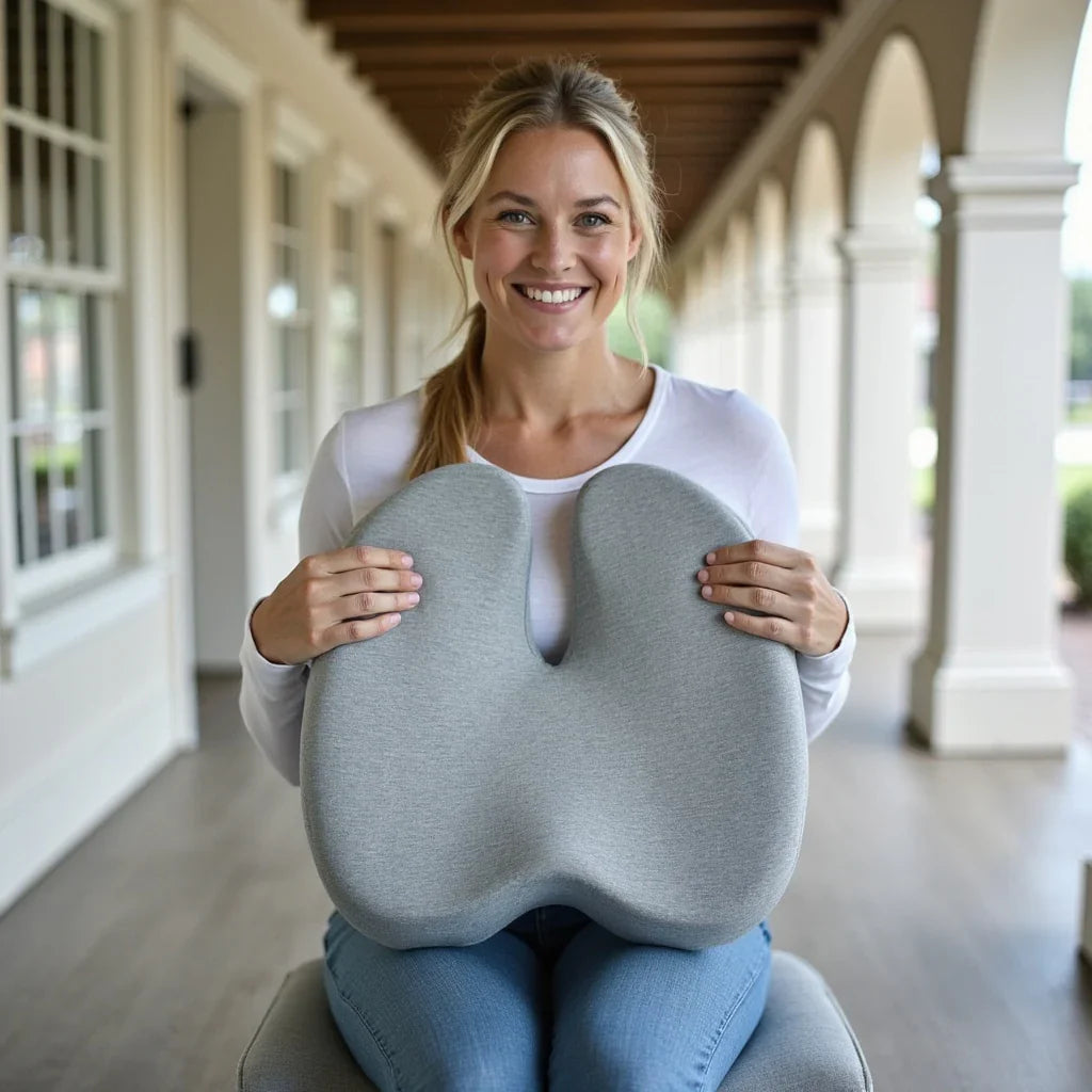 "Svart ergonomisk sittkudde med minnesskum och kylgel, perfekt för ergonomiskt stöd vid långvarigt sittande."