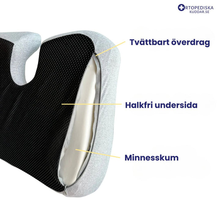 "Svart ergonomisk sittkudde med minnesskum och kylgel, perfekt för ergonomiskt stöd vid långvarigt sittande."