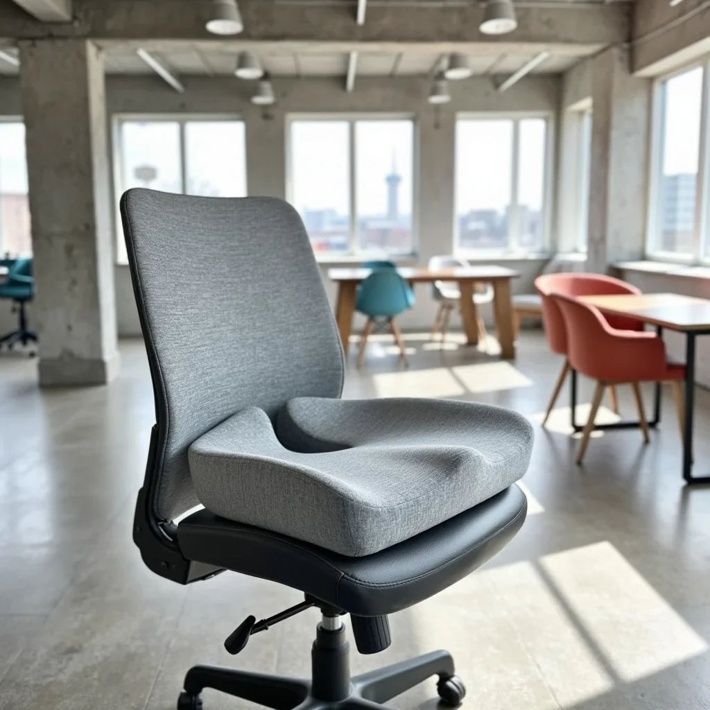 "Svart ergonomisk sittkudde med minnesskum och kylgel, perfekt för ergonomiskt stöd vid långvarigt sittande."