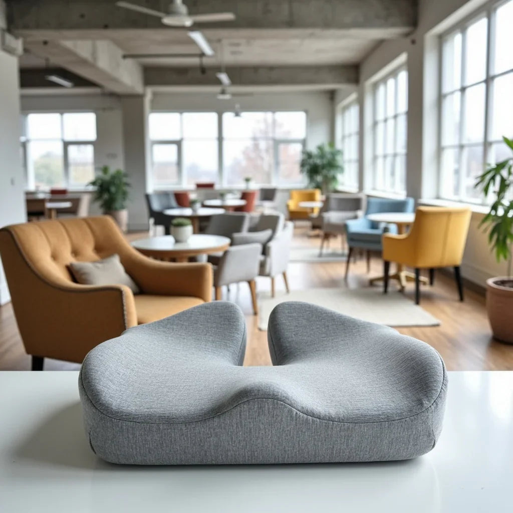 "Svart ergonomisk sittkudde med minnesskum och kylgel, perfekt för ergonomiskt stöd vid långvarigt sittande."