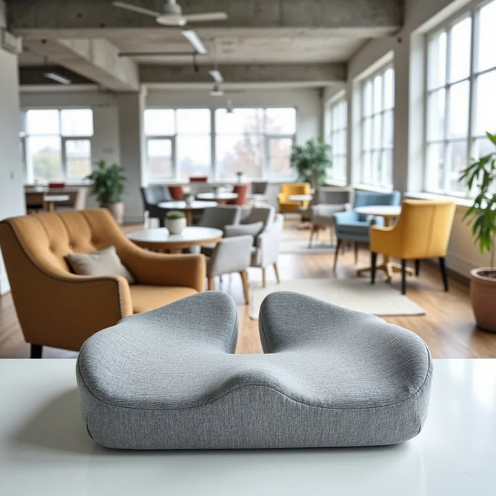 "Svart ergonomisk sittkudde med minnesskum och kylgel, perfekt för ergonomiskt stöd vid långvarigt sittande."