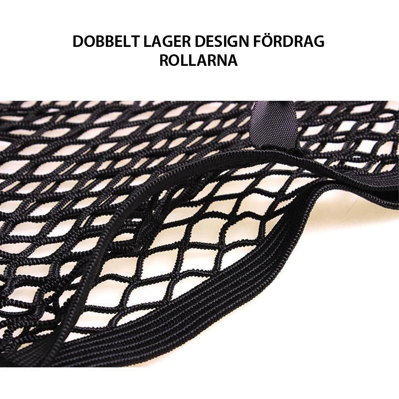 "Svart förvaringsnät för bilsäte med flexibel fyrsidig mesh. Slitstarkt nylon, organiserar resor, 25x30 cm."