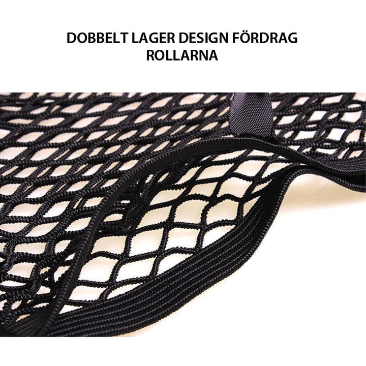 "Svart förvaringsnät för bilsäte med flexibel fyrsidig mesh. Slitstarkt nylon, organiserar resor, 25x30 cm."
