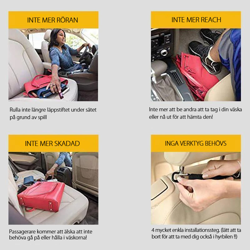 "Svart förvaringsnät för bilsäte med flexibel fyrsidig mesh. Slitstarkt nylon, organiserar resor, 25x30 cm."