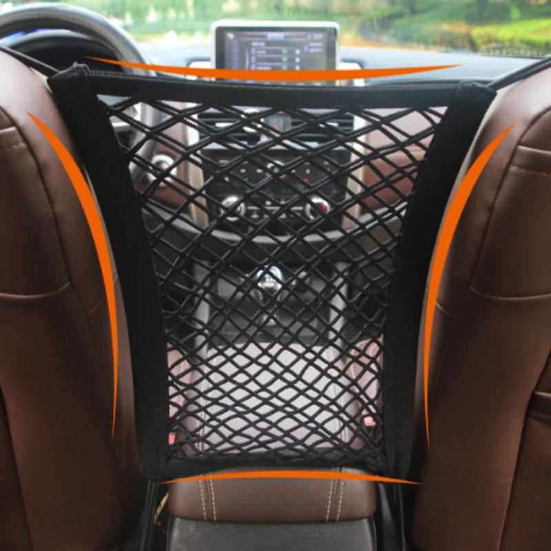 "Svart förvaringsnät för bilsäte med flexibel fyrsidig mesh. Slitstarkt nylon, organiserar resor, 25x30 cm."