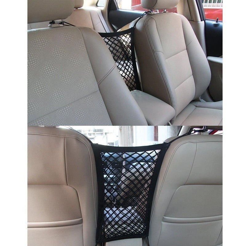 "Svart förvaringsnät för bilsäte med flexibel fyrsidig mesh. Slitstarkt nylon, organiserar resor, 25x30 cm."