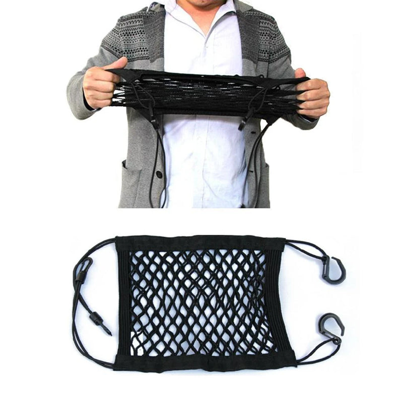 "Svart förvaringsnät för bilsäte med flexibel fyrsidig mesh. Slitstarkt nylon, organiserar resor, 25x30 cm."