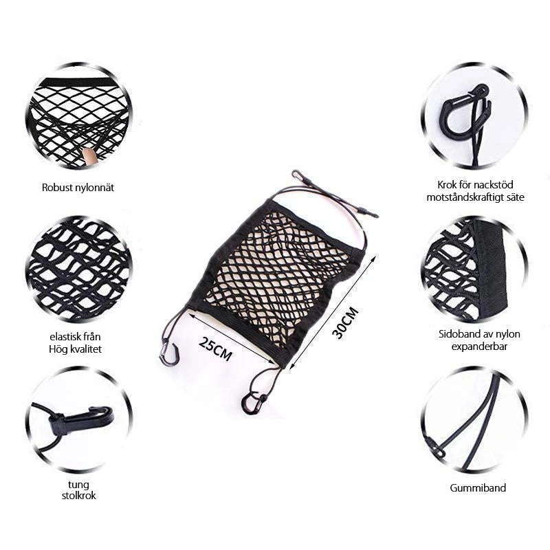 "Svart förvaringsnät för bilsäte med flexibel fyrsidig mesh. Slitstarkt nylon, organiserar resor, 25x30 cm."